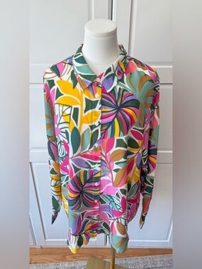 Boden 100% Silk Tropical Print Button-Up Blouse in Pink & Multicolor Size:XL